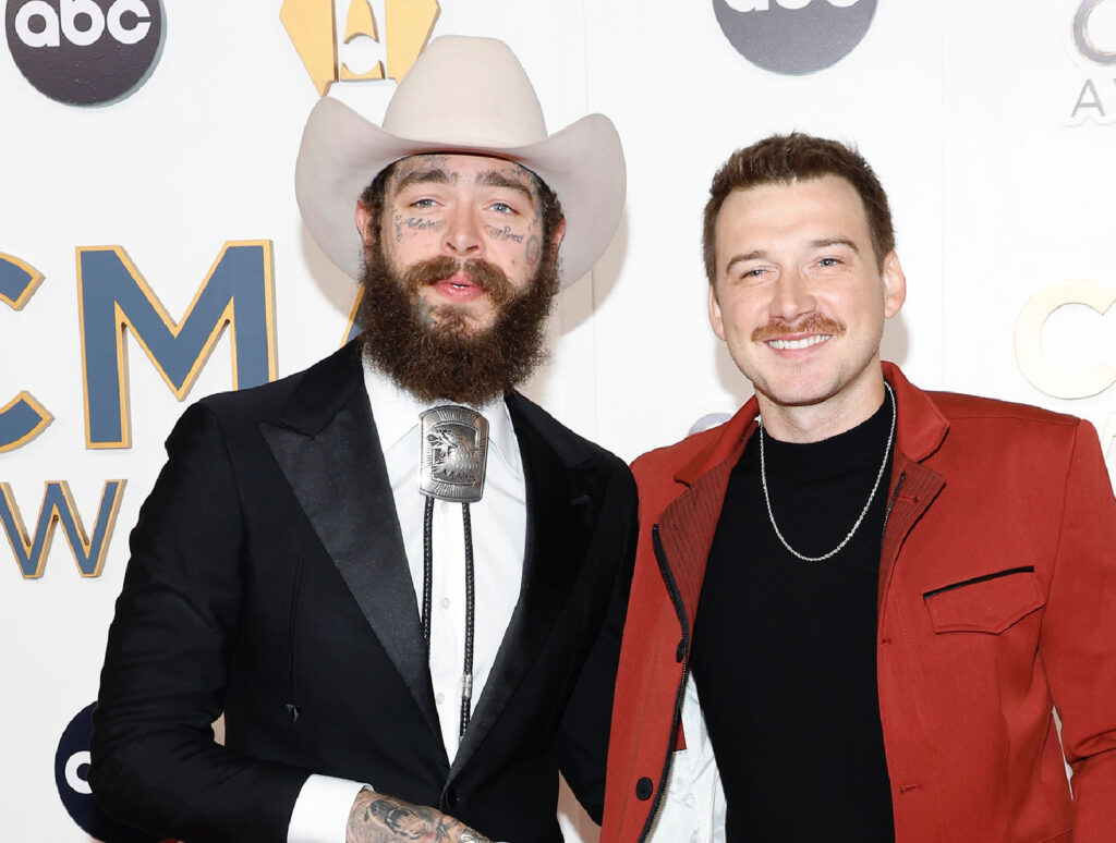 Luke Bryan Say Beyonce In Country - Post Malone in a black suit and cowboy hat with Morgan Wallen in a maroon jacket. 